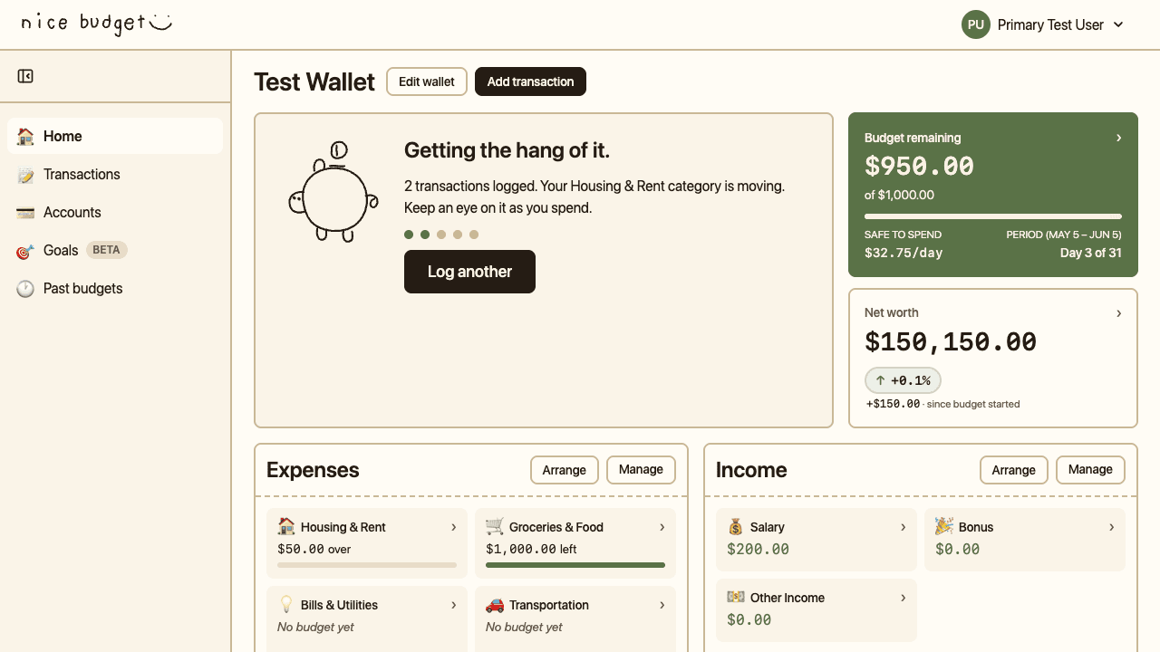 Nice Budget wallet home page showing the Add transaction button at the top next to the wallet name, with budget remaining and category cards below