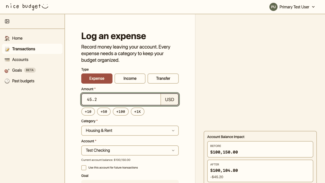 Nice Budget expense form with an amount entered, showing the Account Balance Impact panel on the right with BEFORE and AFTER balances and a negative change