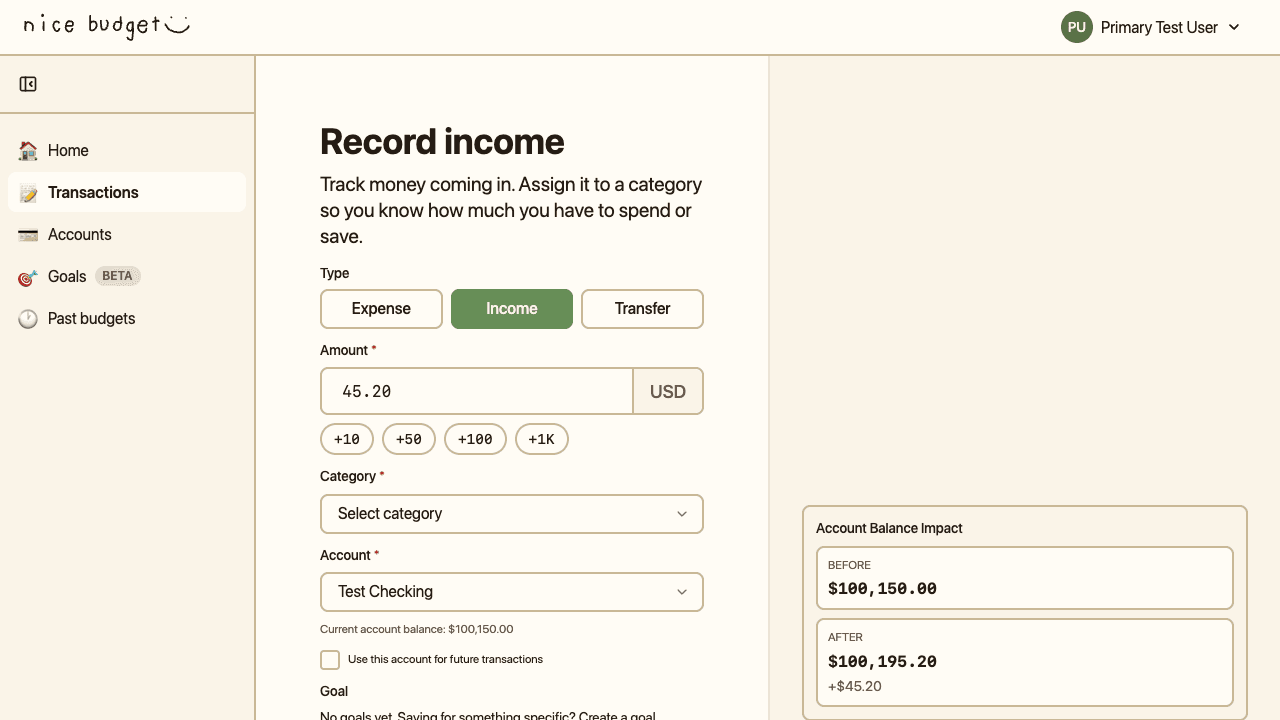Nice Budget income form with the Record income heading, a Salary category, and the Account Balance Impact panel showing the balance going up