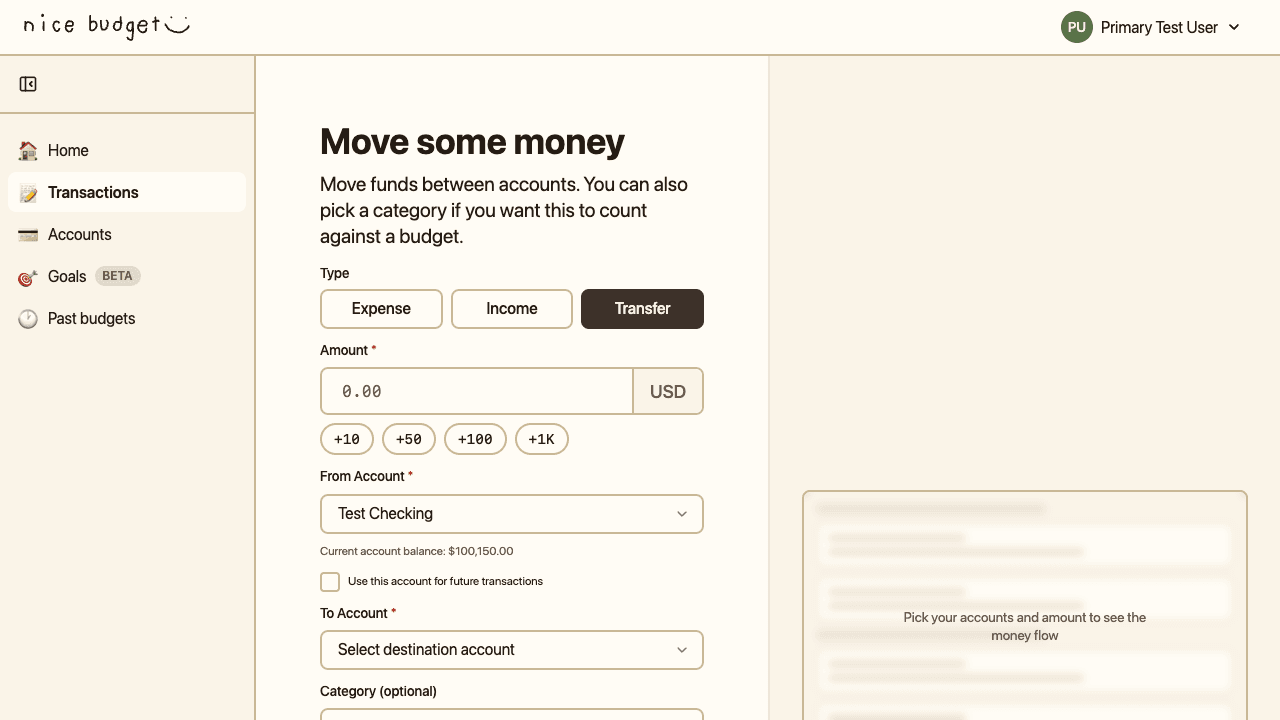 Nice Budget transfer form with the Move some money heading, separate From Account and To Account dropdowns, and Category marked as optional