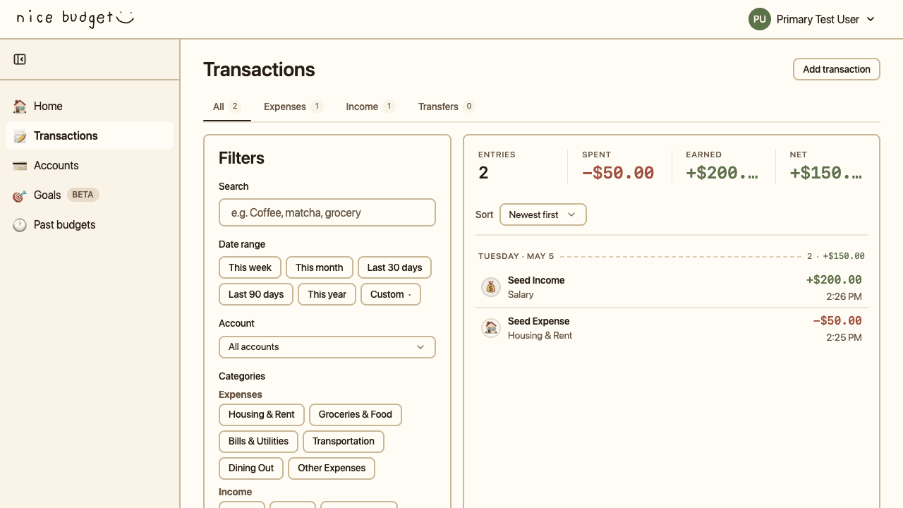 Nice Budget Transactions page with All, Expenses, Income, and Transfers tabs, a summary bar showing entries, spent, earned, and net totals, and a filter panel