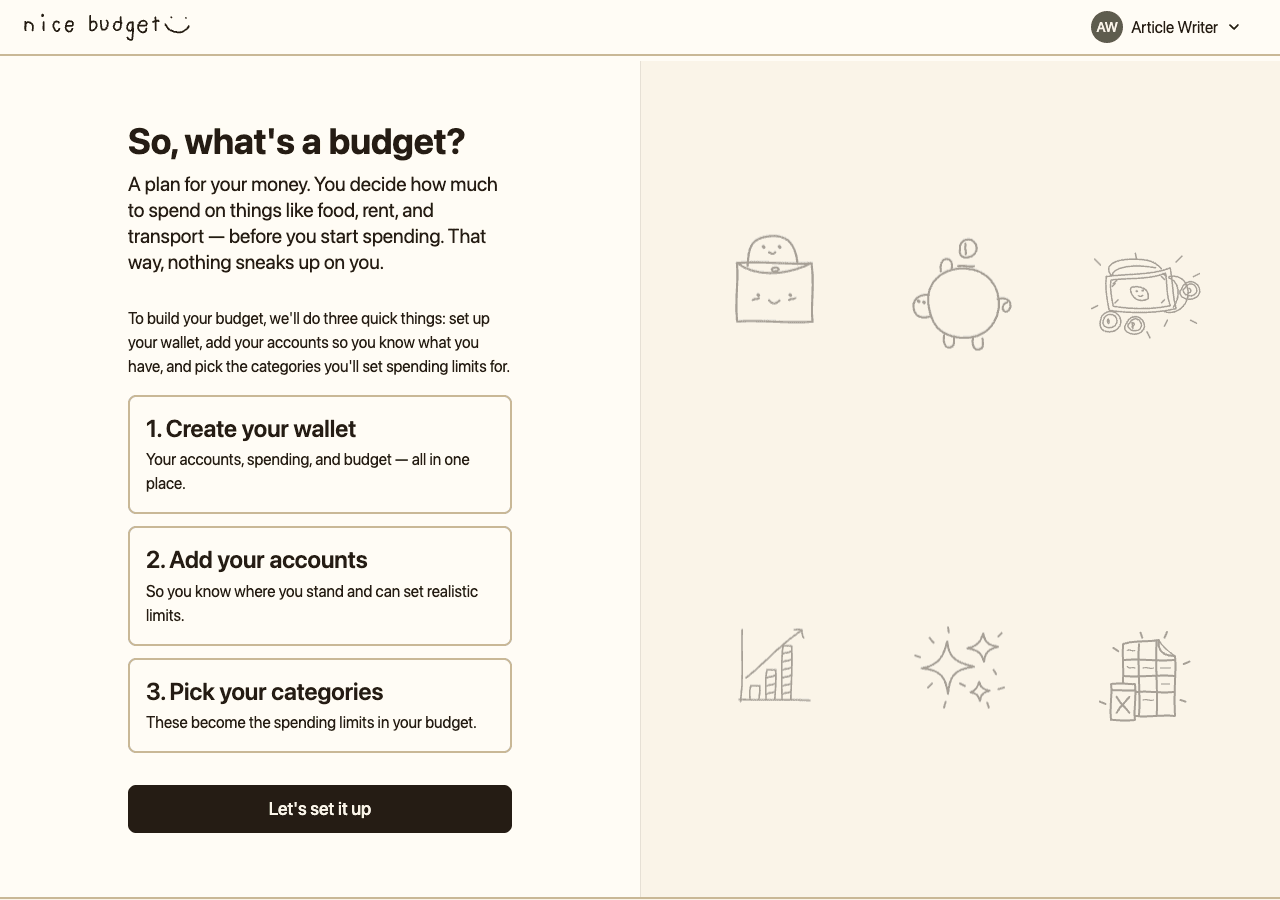 Nice Budget getting-started page previewing the three onboarding steps: create wallet, add accounts, pick categories