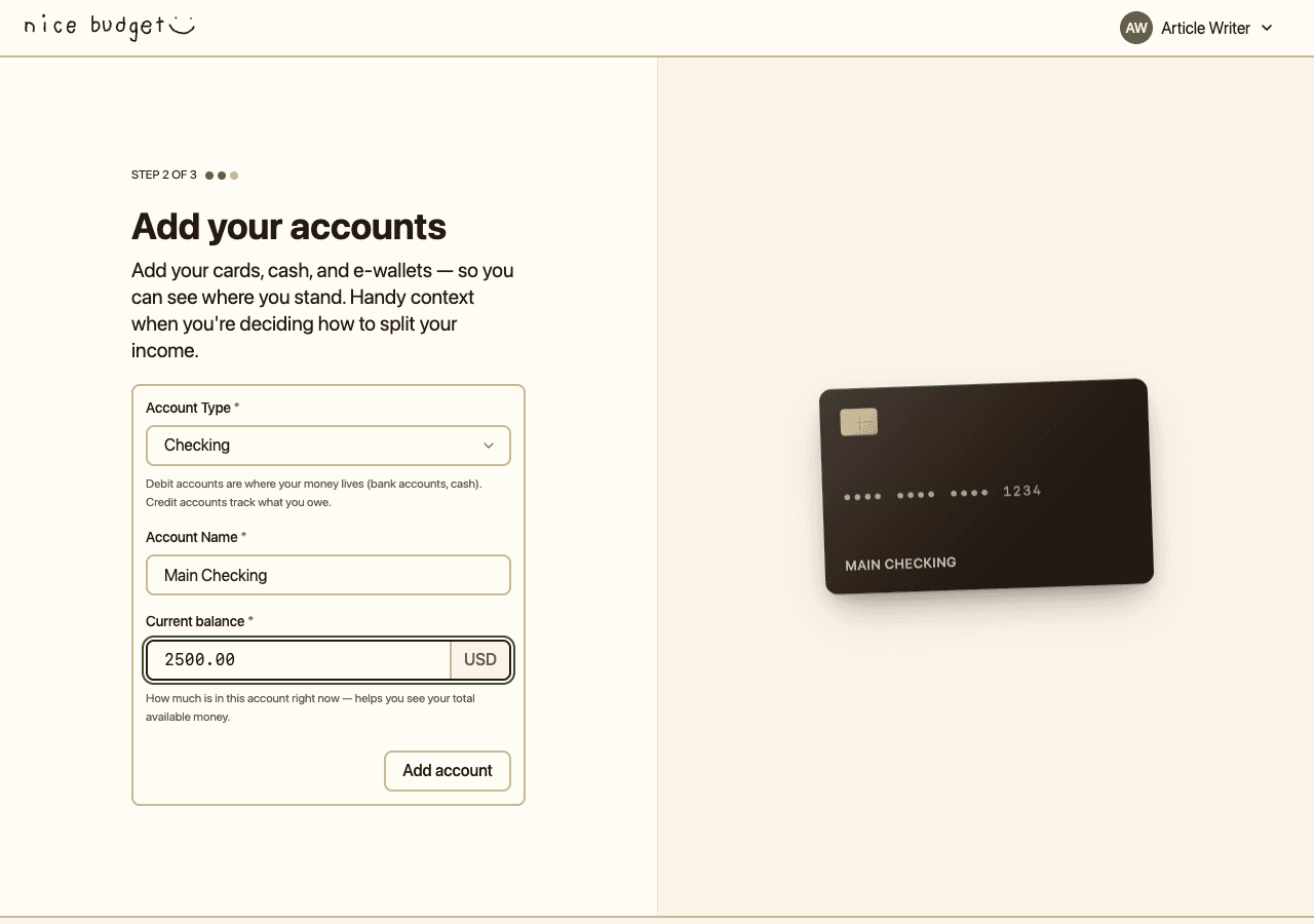 Step 2 of 3 in Nice Budget onboarding: adding a Main Checking account with a Current balance of 2500.00 USD