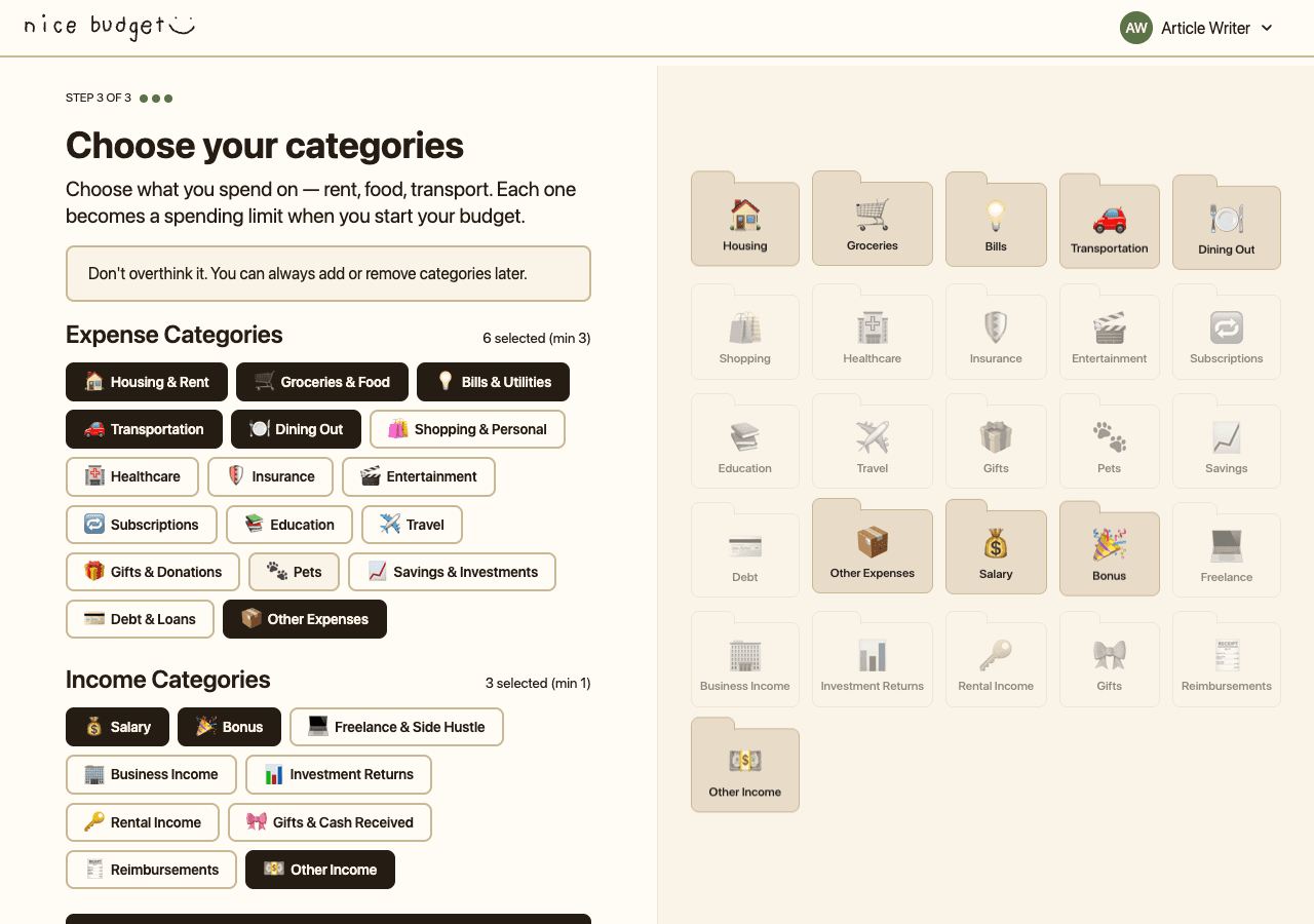 Step 3 of 3 in Nice Budget onboarding: a grid of 17 expense categories above a grid of 9 income categories, each selectable