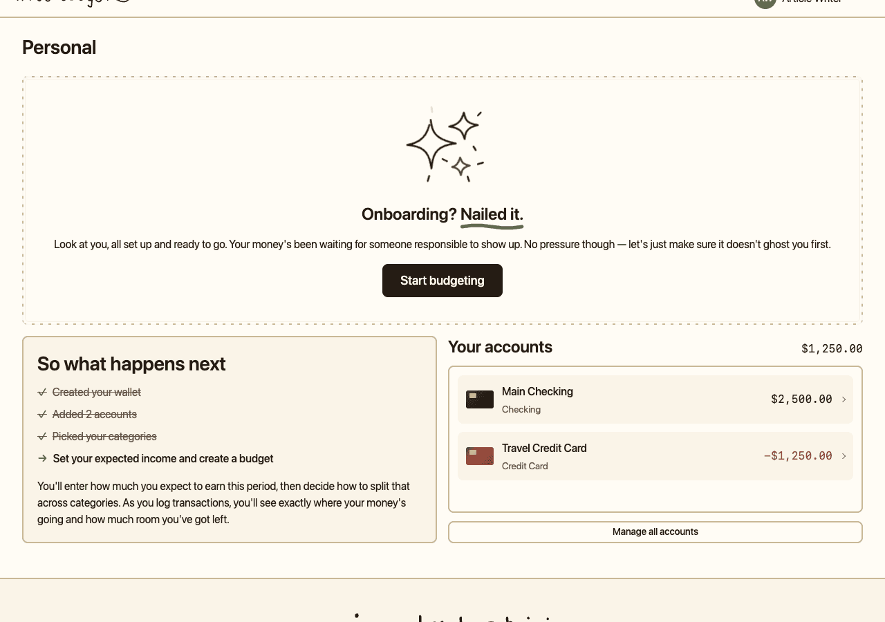 Wallet home page: Personal wallet with Main Checking $2,500 and Travel Credit Card -$1,250, totaling $1,250